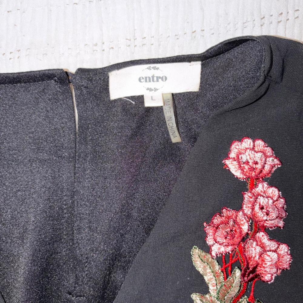 Entro Black Floral Embroidered Maxi Romper Dress Long Sleeve Rose Boho‎ Large - Picture 4 of 6